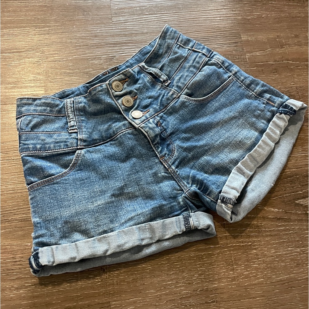 High Rise Button Up Cuffed Jeans Shorts Jorts Denim Blue Small